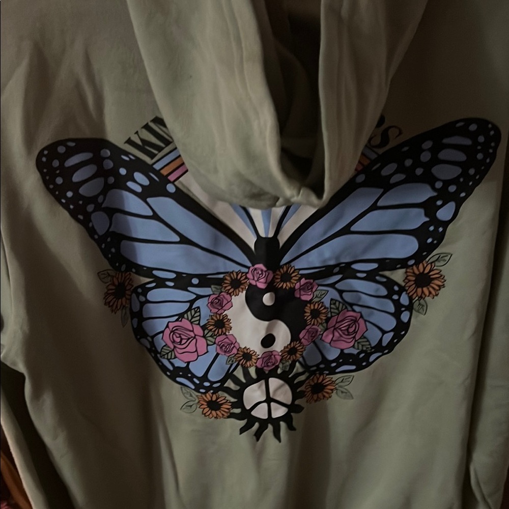 Green Hoodie with Butterfly and Floral Design